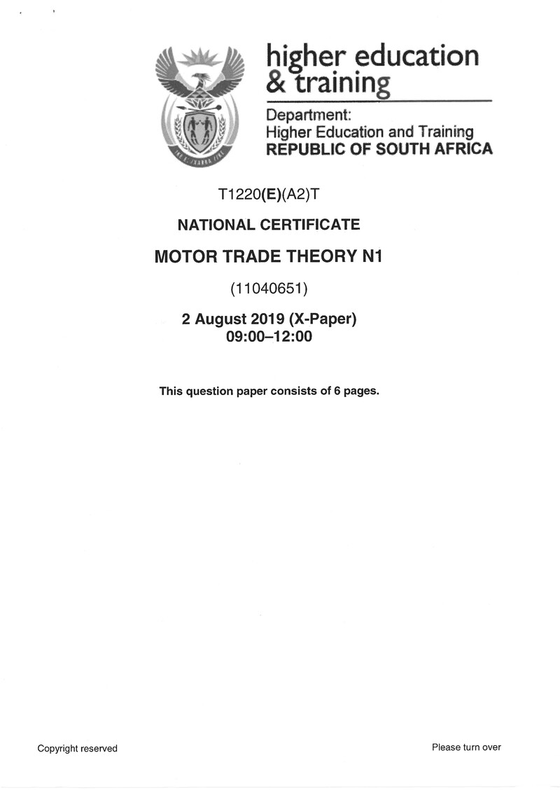 Motor Trade Theory N1 Exam Paper 2 2019