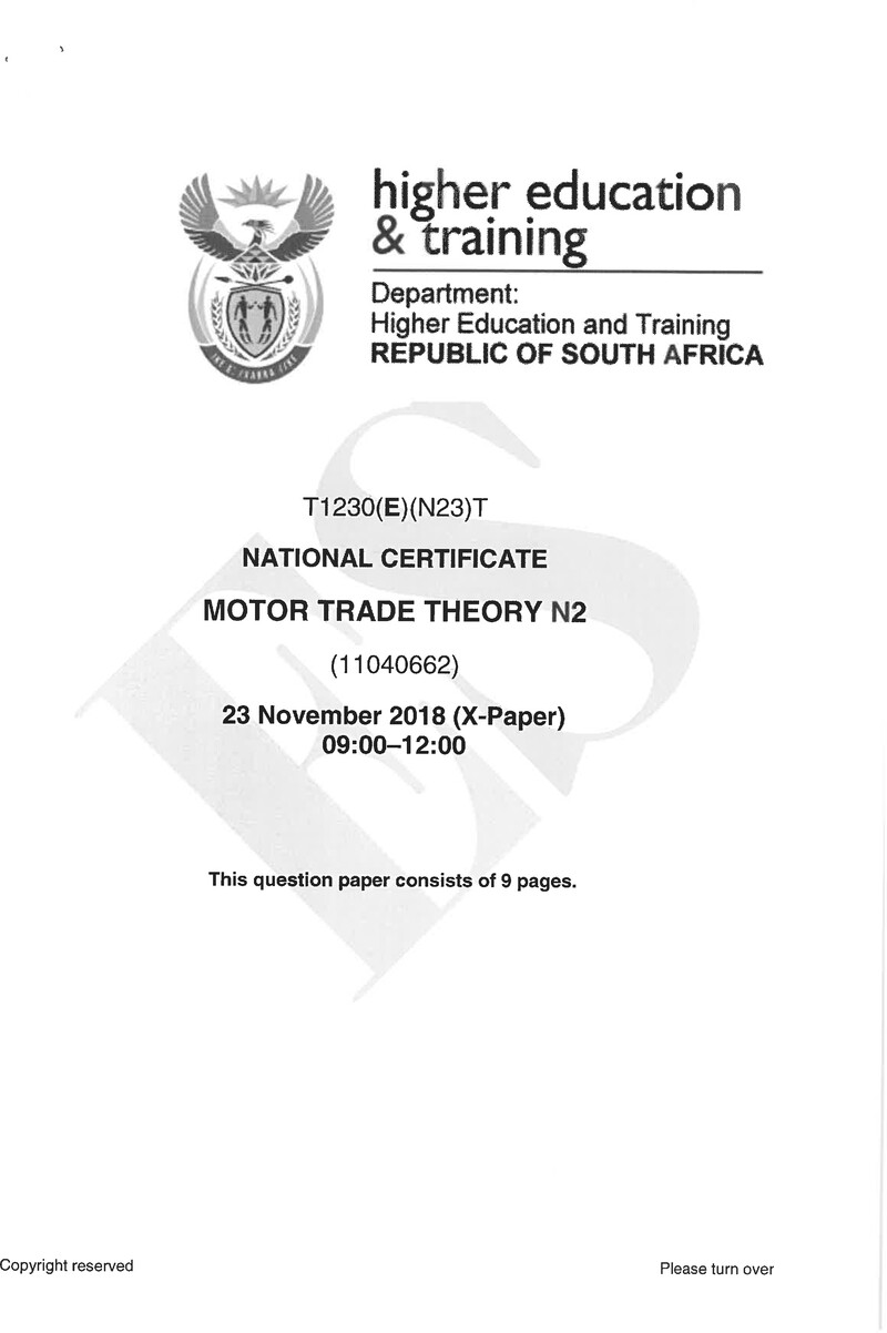 Motor Trade Theory N2 Exam Paper 3 2018