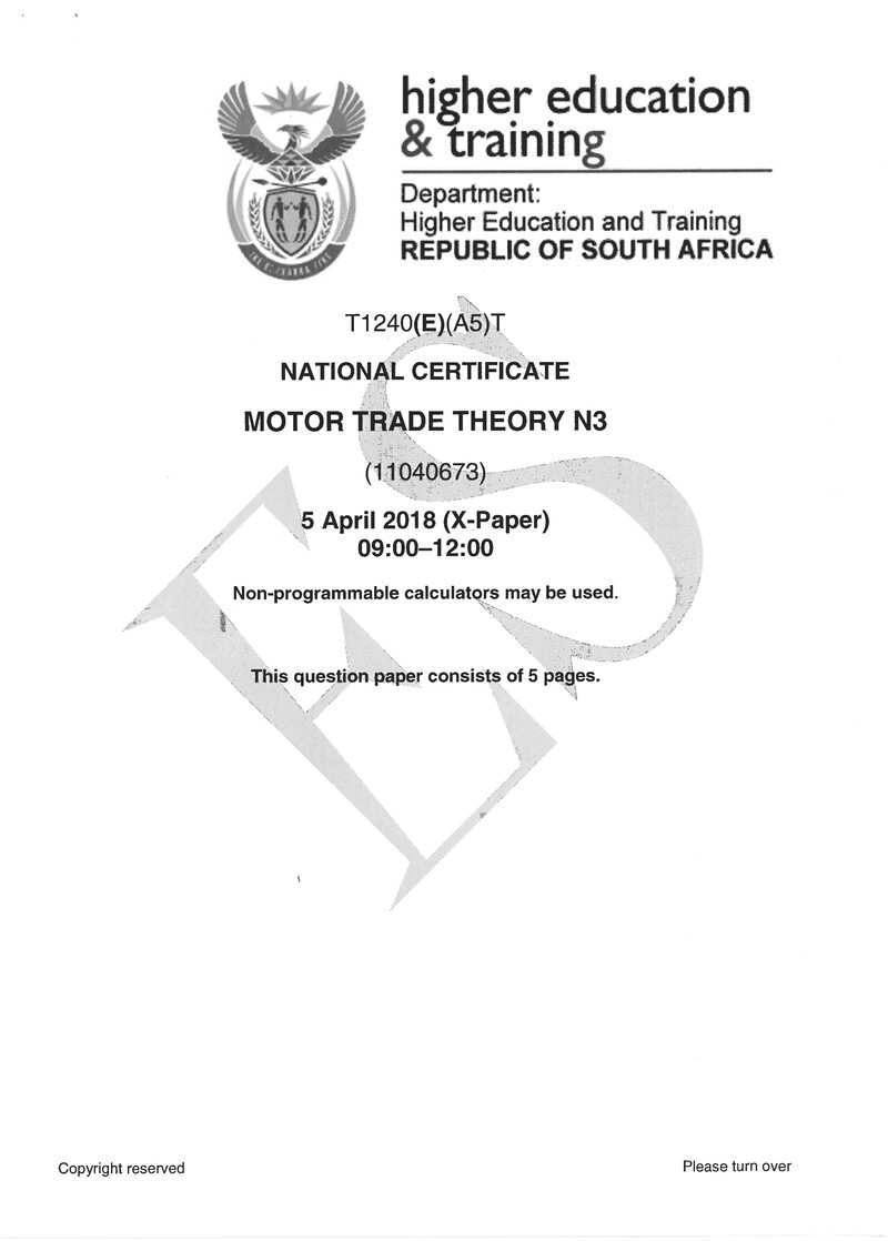 Motor Trade Theory N3 Exam Paper 1 2018