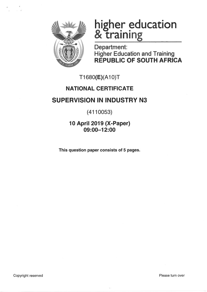 Supervision In Industry N3 Exam Paper 1 2019