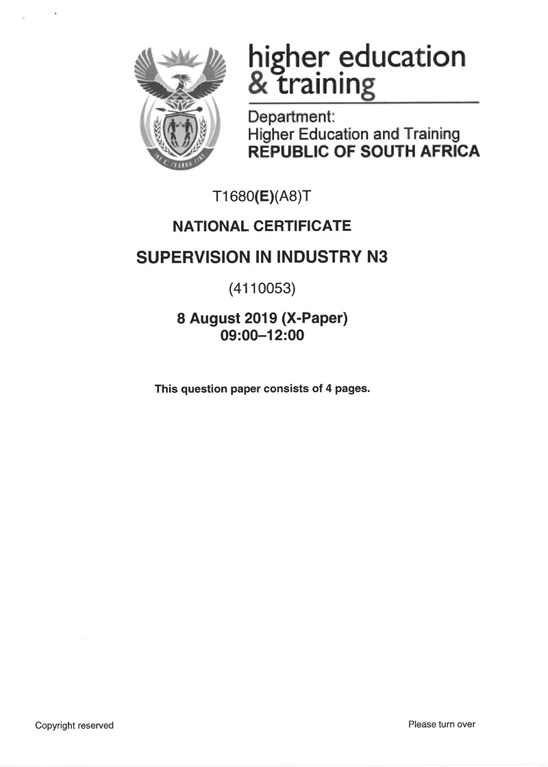 Supervision In Industry N3 Exam Paper 2 2019