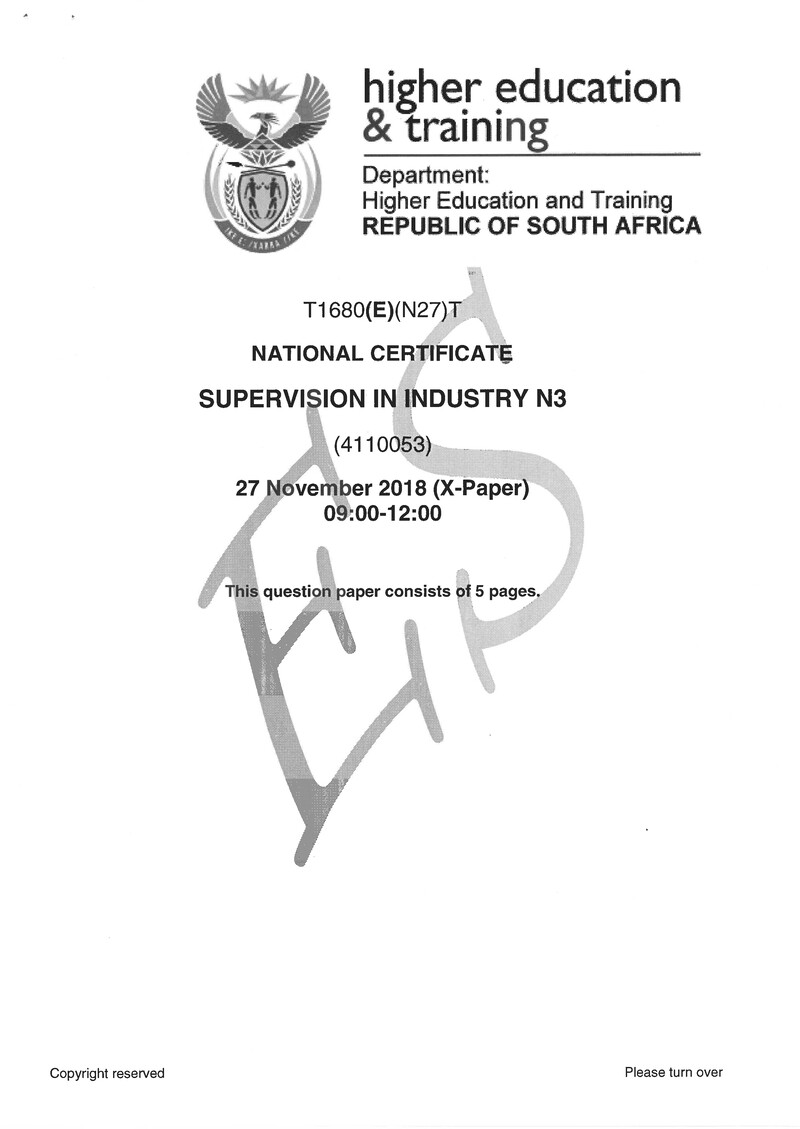 Supervision In Industry N3 Exam Paper 3 2018