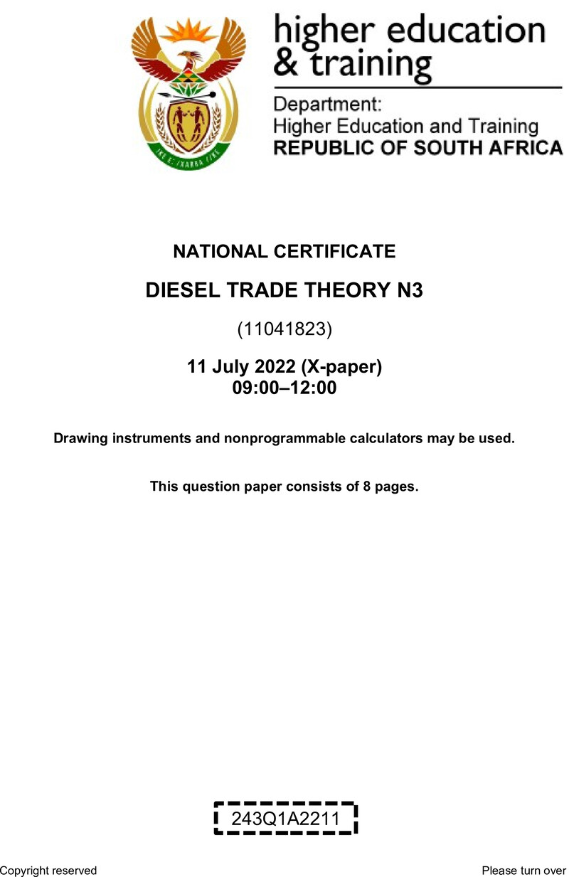 T450 Diesel Trade Theory N3 Aug QP 2022 Sign Off