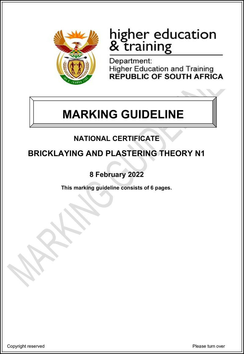 T70 Bricklaying And Plastering Theory N1 Memo April 2022