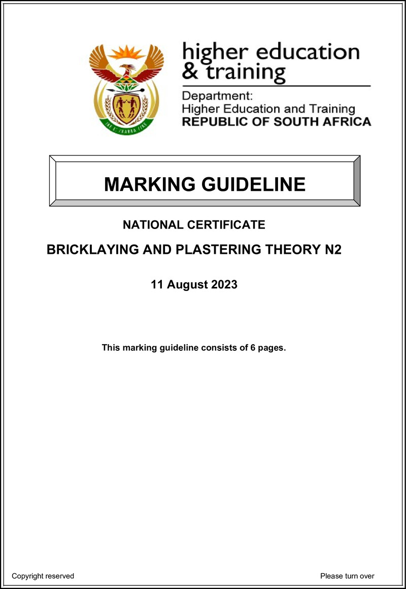 T80 Bricklaying And Plastering Theory N2 Aug MEMO 2023 Sign Off preview