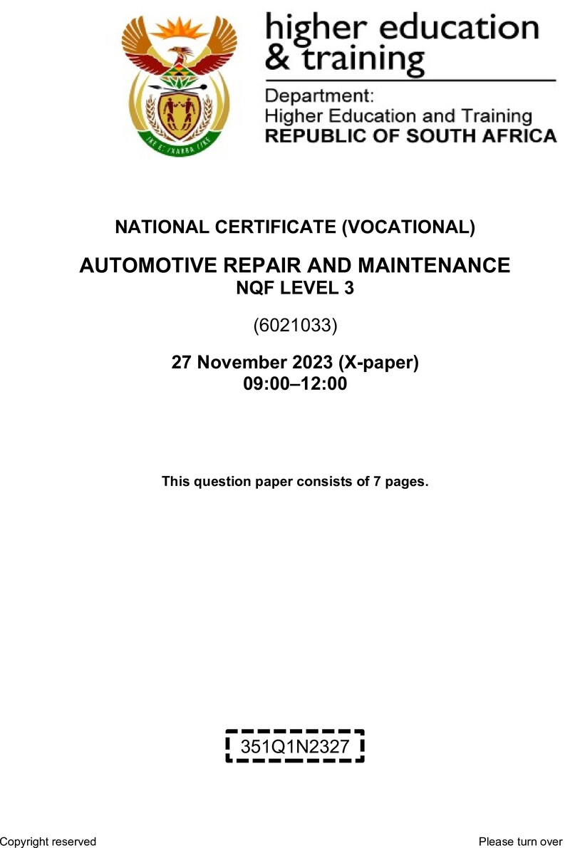 Nc330 Automotive Repair And Maintenance L3 QP Nov 2023
