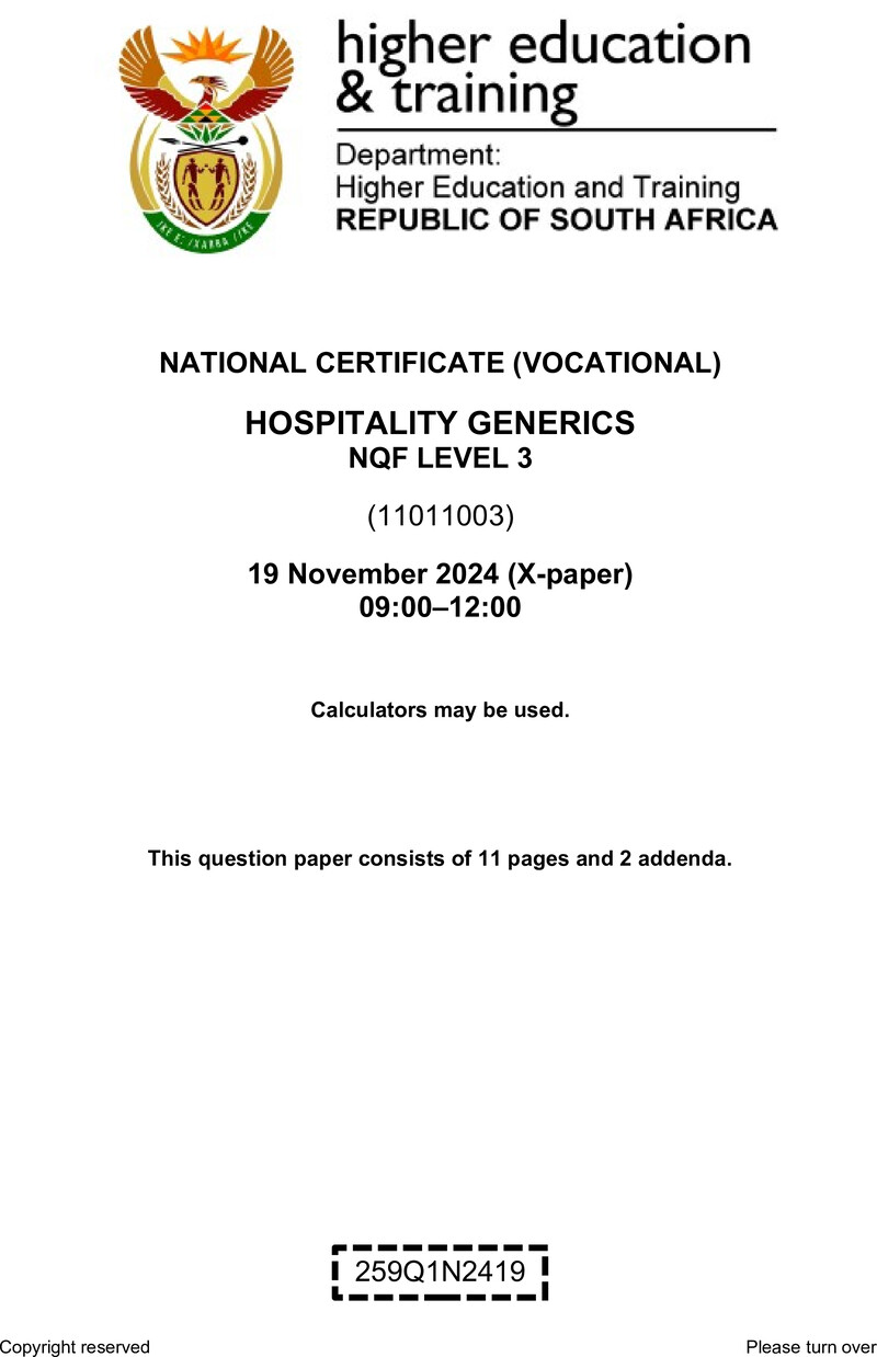 Nc1480 Hospitality Generics L3 QP Nov 2024