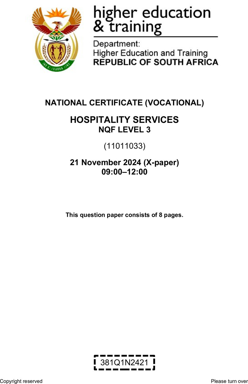Nc1500 Hospitality Services L3 QP Nov 2024