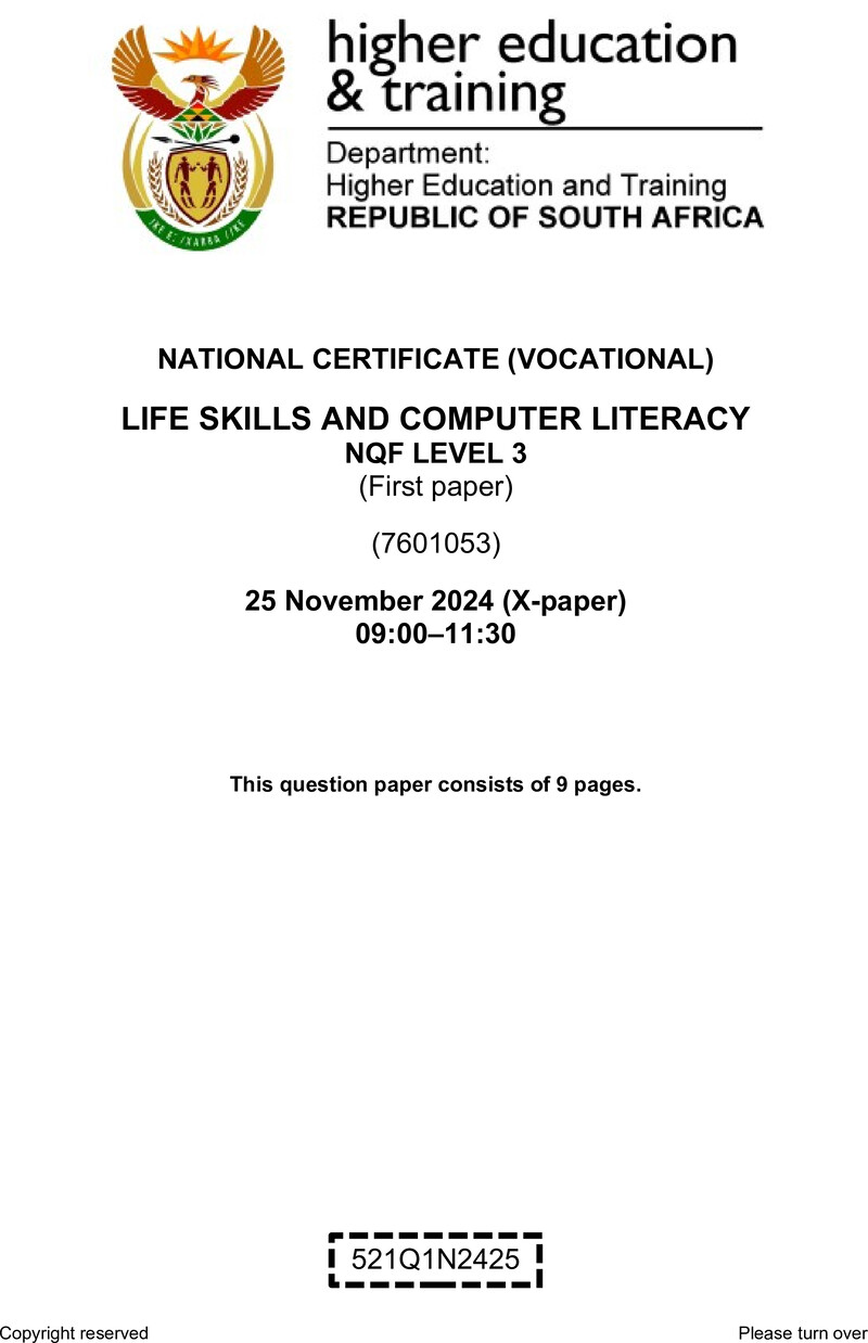 Nc1760 Life Skills And Computer Literacy L3 P1 QP Nov 2024