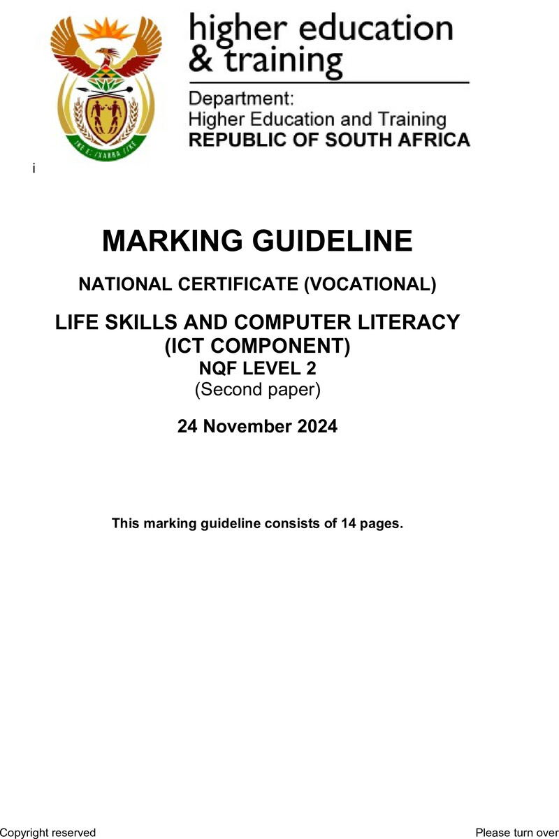 Life Skills And Computer Literacy L2 P2 MEMO Nov 2024 preview