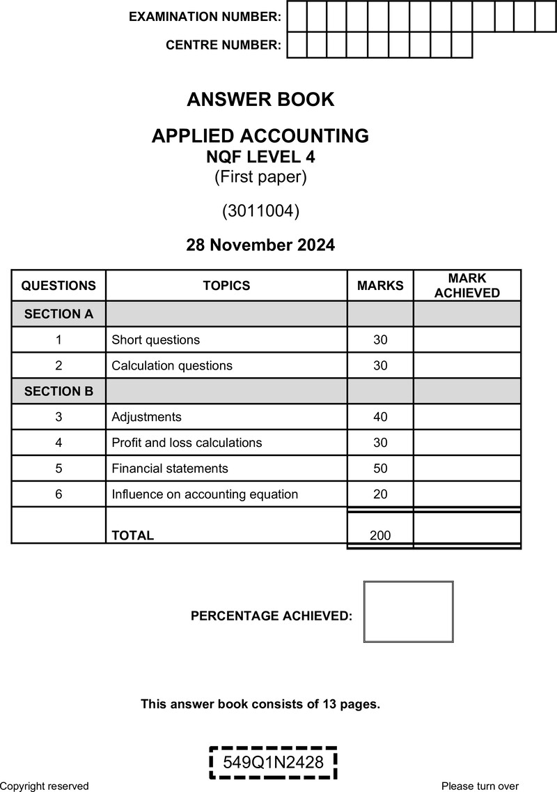 Nc190 A Applied Accounting L4 P1 Answer Book Nov 2024