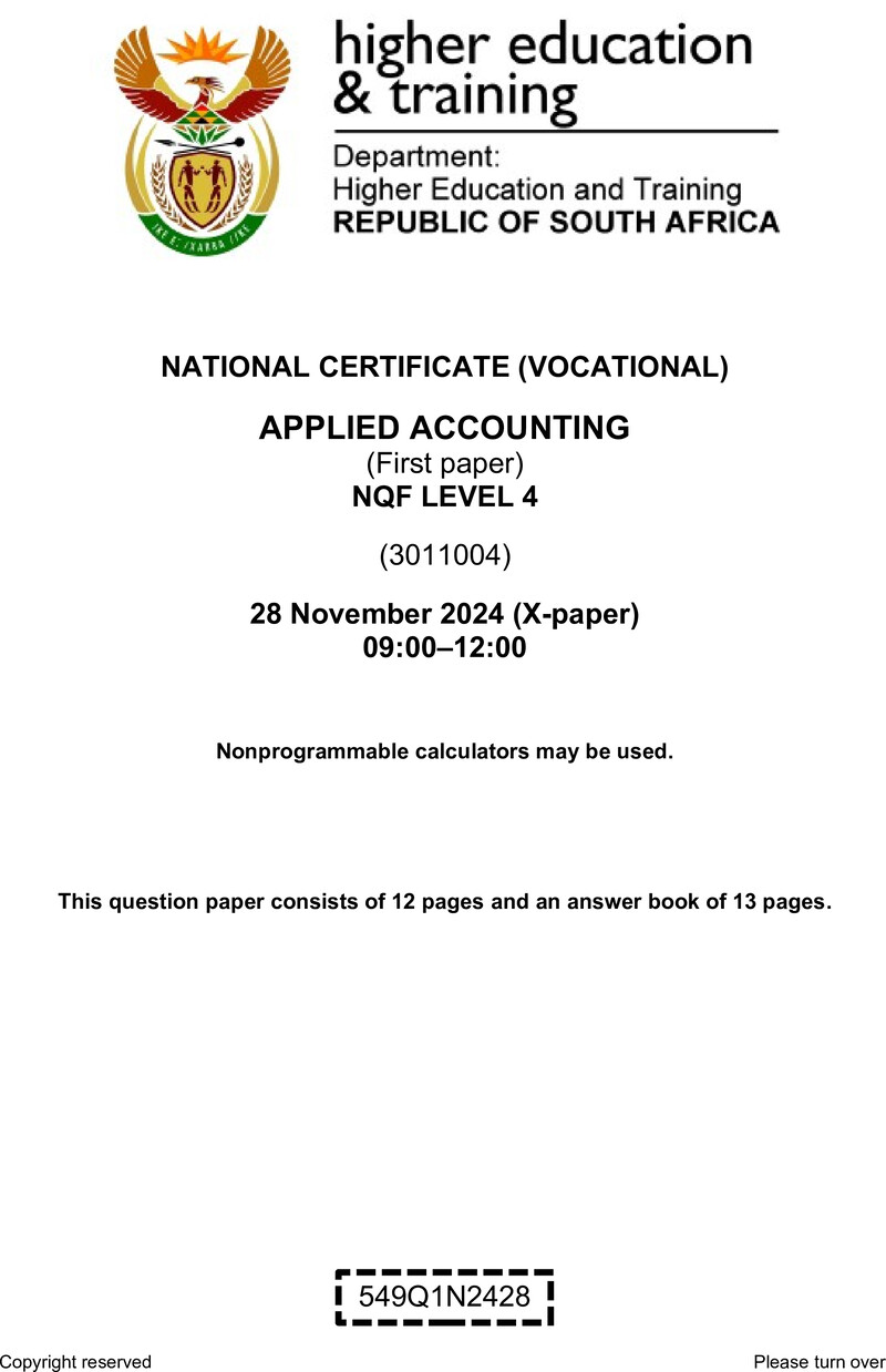 Nc190 Applied Accounting L4 P1 QP Nov 2024