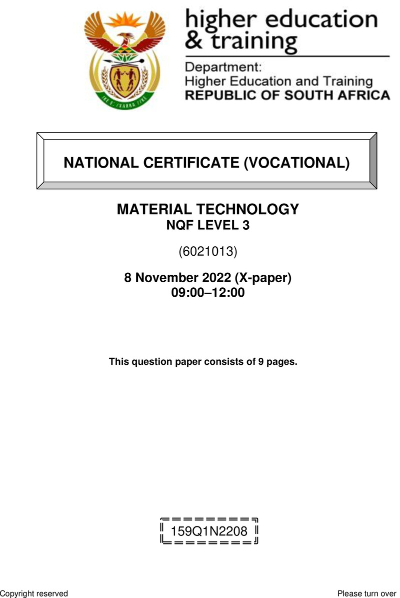 Nc1910 Material Technology L3 Nov QP 2022