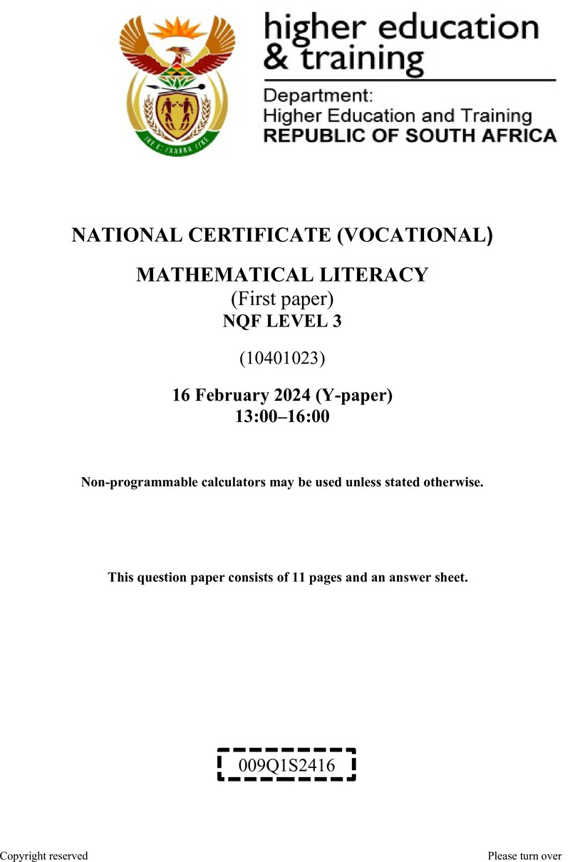 Mathematical Literacy L3 P1 Supp QP 2024 S preview