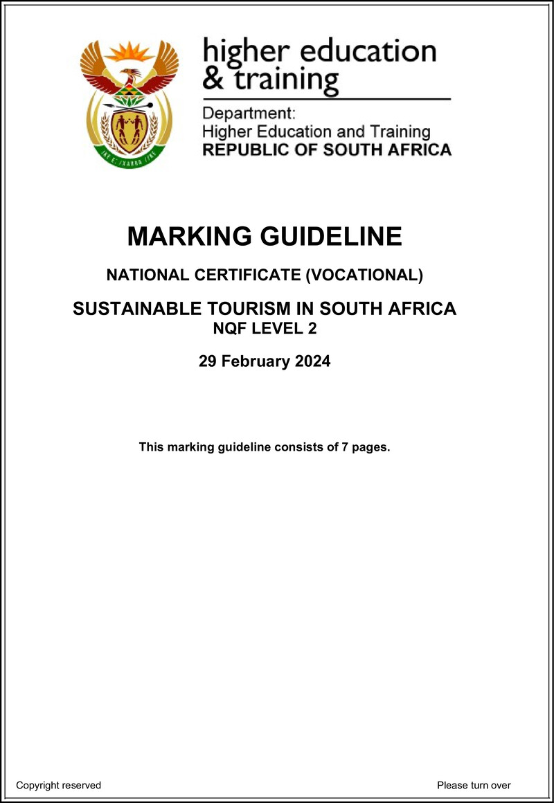 Nc2770 Sustainable Tourism In South Africa L2 Memo Supp 2024