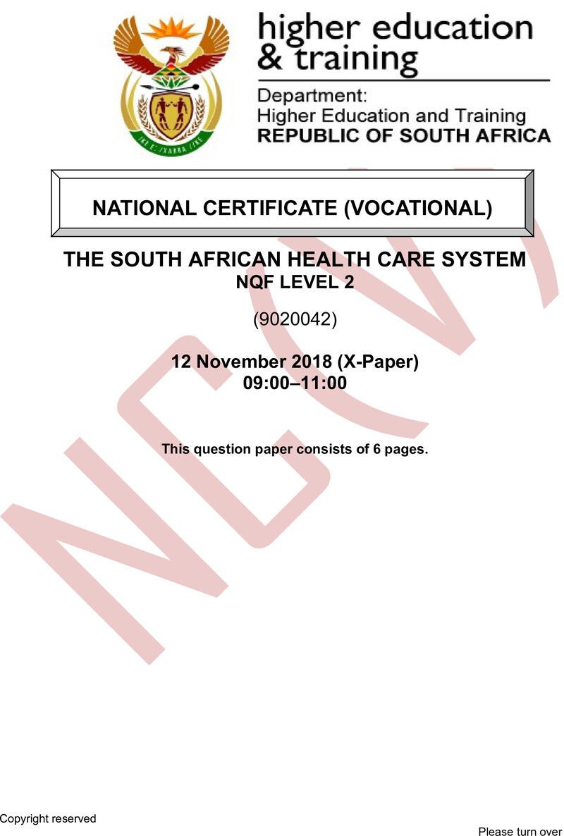 Nc2850 The South African Health Care System L2 QP Nov 2018