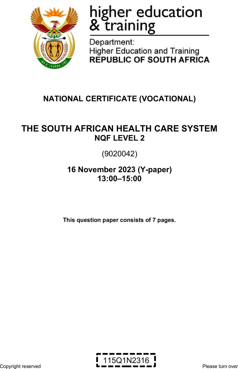 Nc2850 The South African Health Care System L2 QP Nov 2023 Van Zyl S
