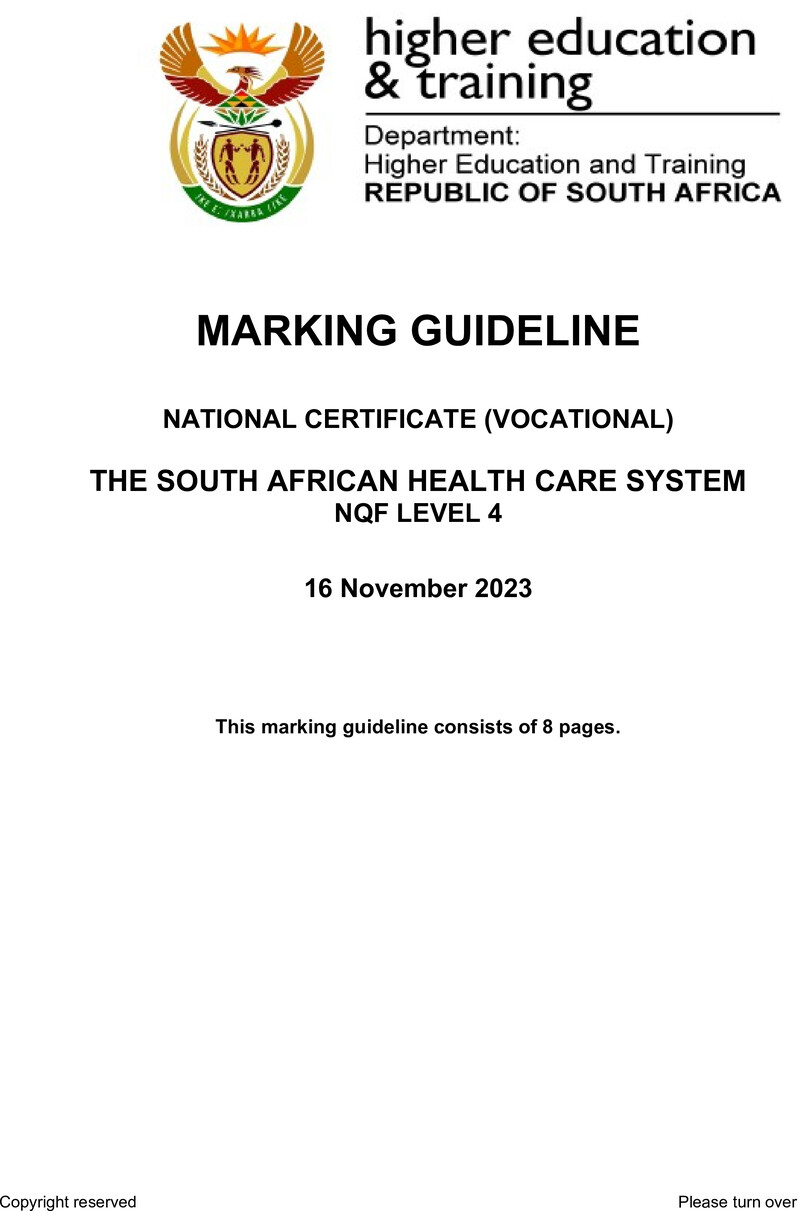 Nc2870 The South African Health Care System L4 Nov Memo 2023