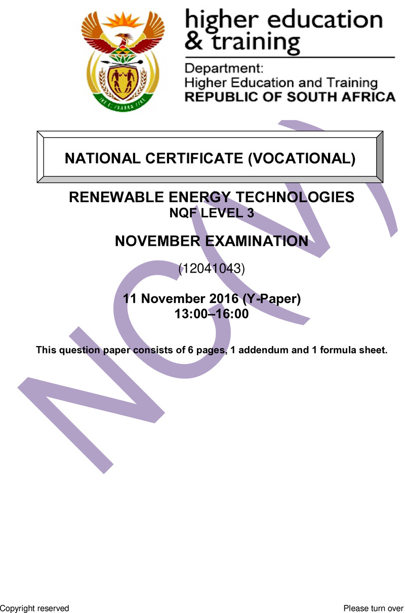 Nc3020 Renewable Energy Technologies L3 QP Nov 2016