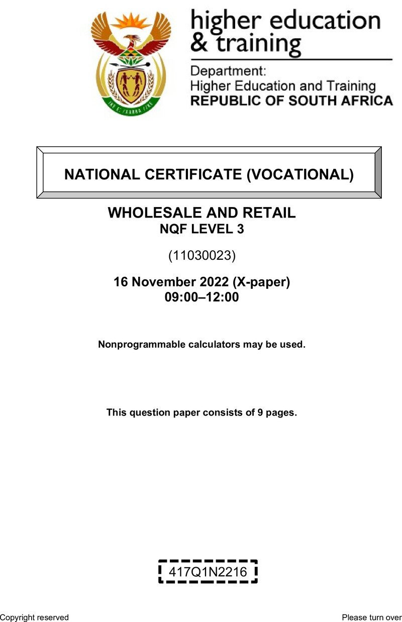 Nc3030 Wholesale And Retail L3 QP Nov 2022