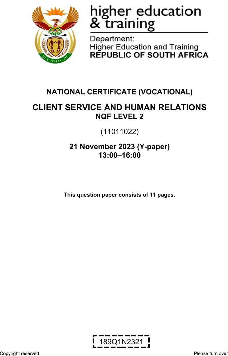 Nc460 Client Service And Human Relations L2 QP Nov 2023 Elsa