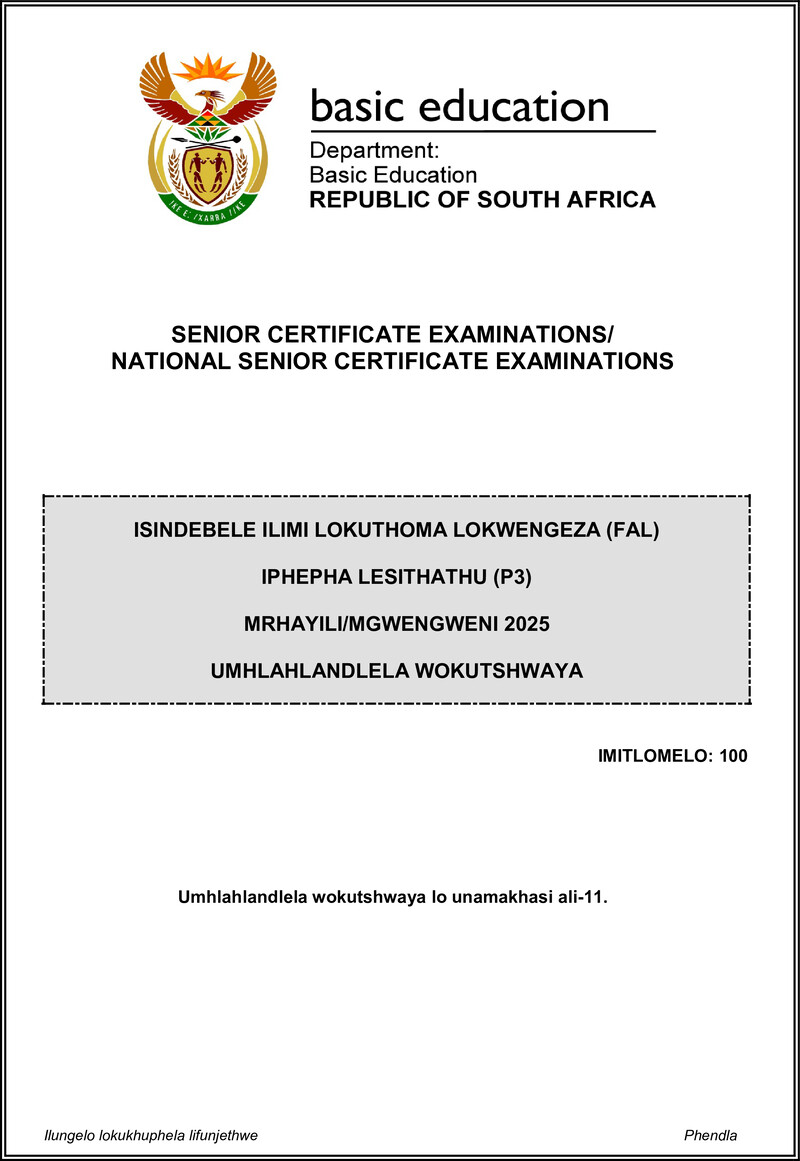 Grade 12 isiNdebele past paper 2025 – isindebele fal p3 may june 2025 mg gr12