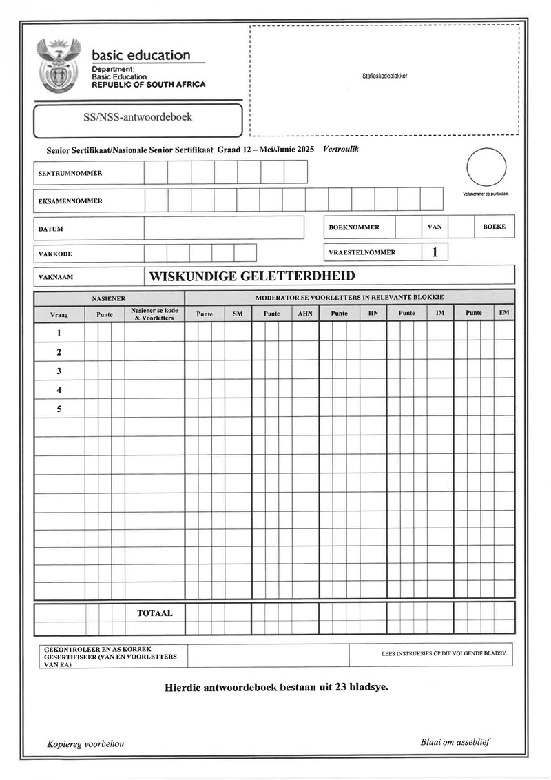 Grade 12 Mathematical Literacy past paper 2025 – mathematical literacy p1 may june 2025 answer book afr gr12