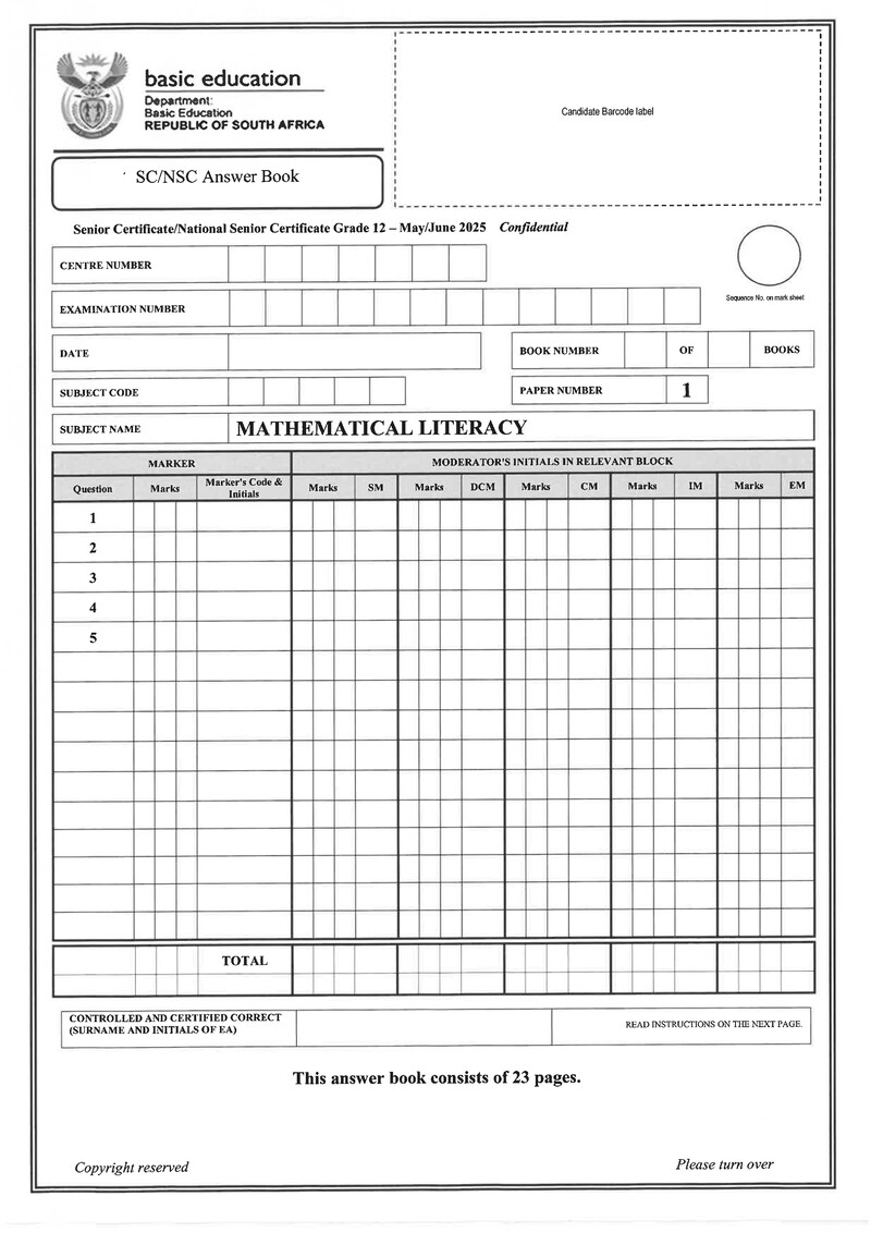 Grade 12 Mathematical Literacy past paper 2025 – mathematical literacy p1 may june 2025 answer book eng gr12