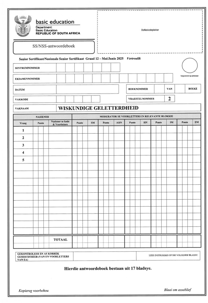 Grade 12 Mathematical Literacy past paper 2025 – mathematical literacy p2 may june 2025 answer book afr gr12