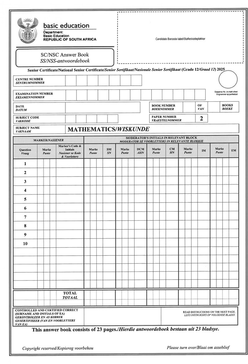 Grade 12 Mathematics past paper 2025 – mathematics p2 may june 2025 answer book afr eng gr12