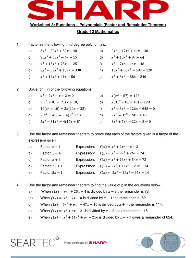 Polynomials Factor And Remainder Theorem Grade 12 Maths