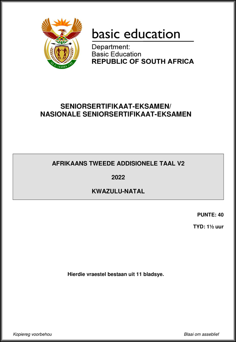 Afrikaans Sal P2 May June 2022 Kwazulu Natal Gr12