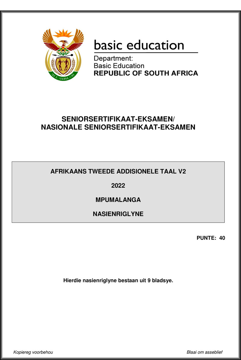 Afrikaans Sal P2 May June 2022 Mg Mpumalanga Gr12