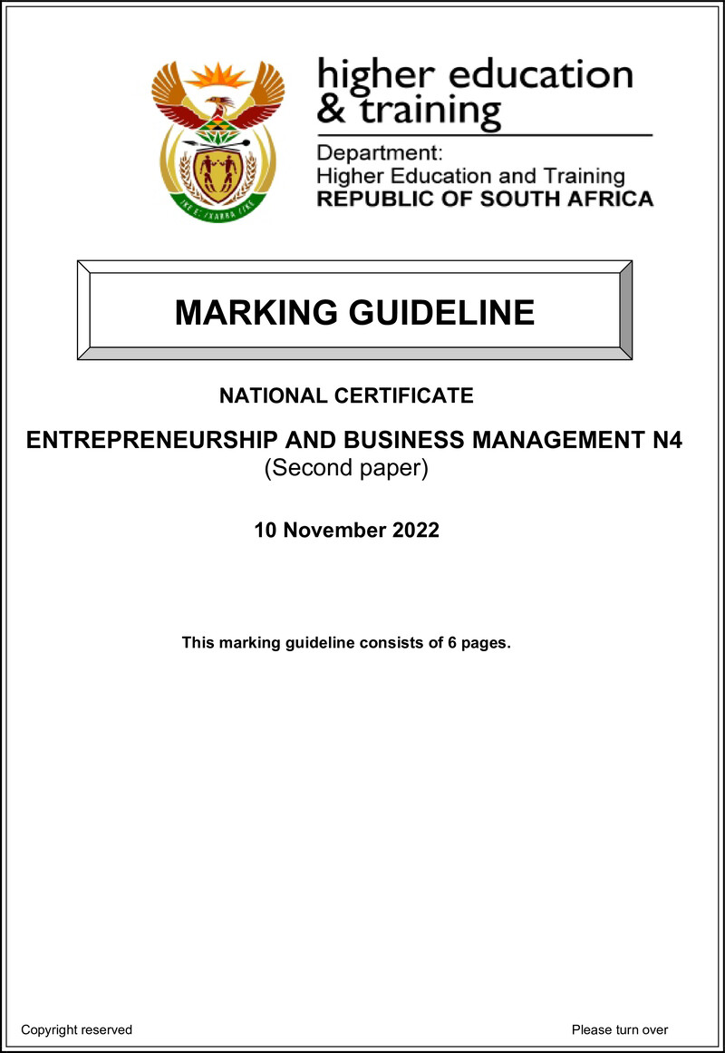 N4 Entrepreneurship And Business Management Paper 2 November 2022 Memorandum