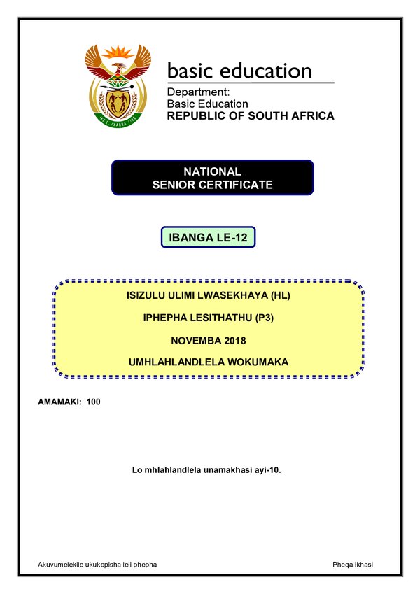 Grade 12 isiZulu past paper 2018 – IsiZulu HL P3 memo gr12
