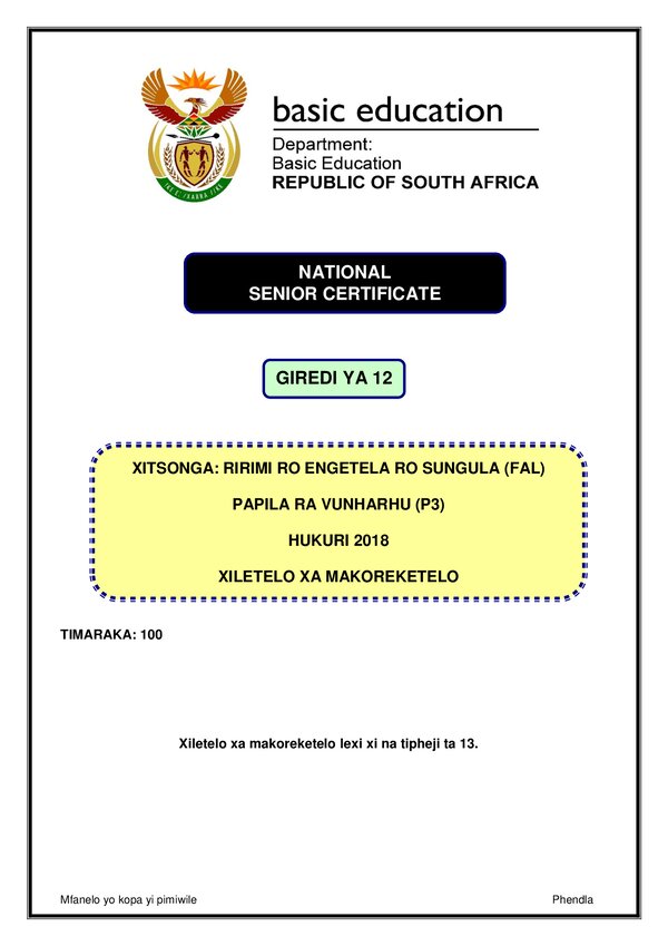 Xitsonga Fal P3 Memo Gr12