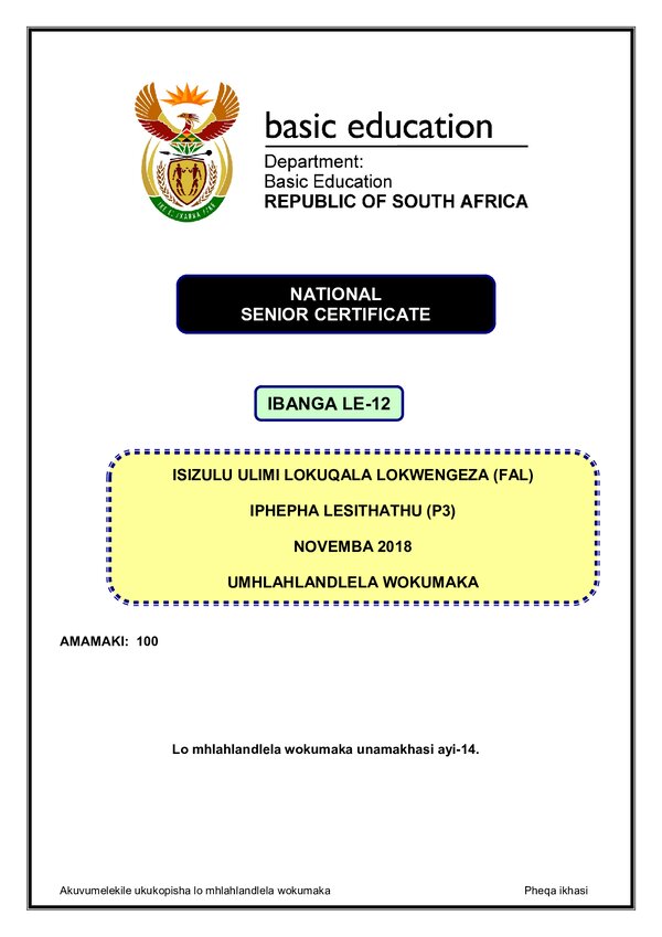 Grade 12 isiZulu past paper 2018 – IsiZulu FAL P3 memo gr12