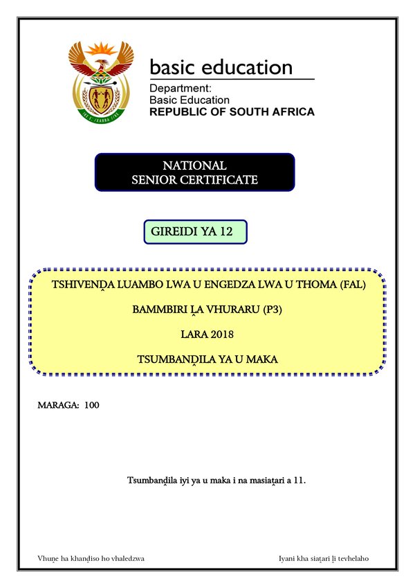 Grade 12 Tshivenda past paper 2018 – Tshivenda FAL P3 memo gr12