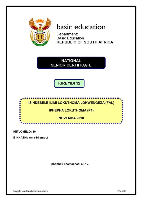 Grade 12 isiNdebele past paper 2012 – IsiNdebele FAL P1 gr12