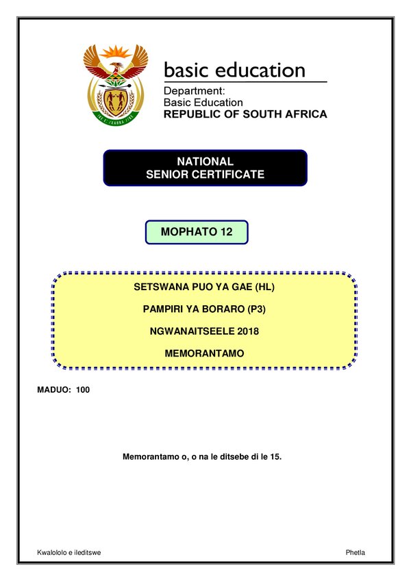 Grade 12 Setswana past paper 2018 – Setswana HL P3 memo gr12