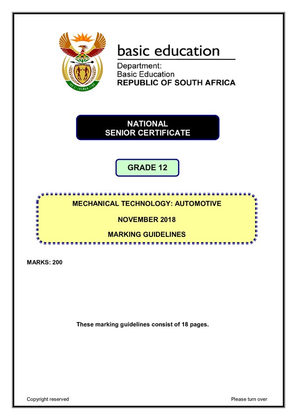 Grade 12 English past paper 2018 – Automative Memo 1 (English) gr12