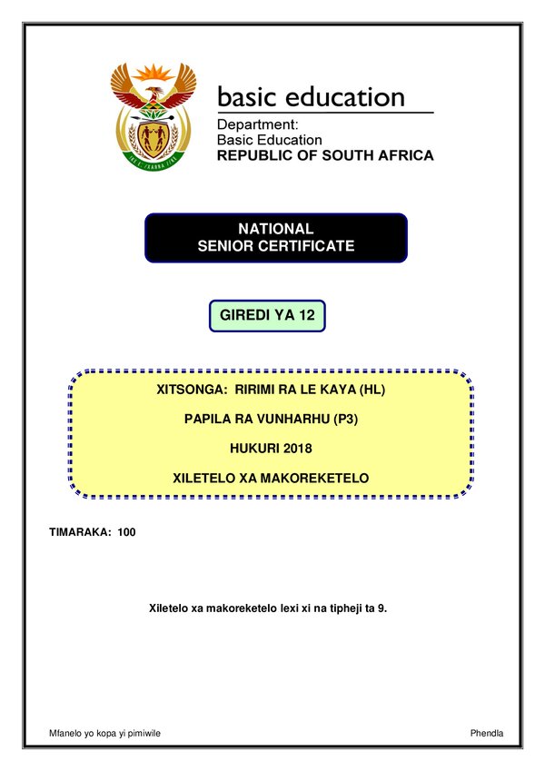 Grade 12 Xitsonga past paper 2018 – Xitsonga HL P3 Memo gr12