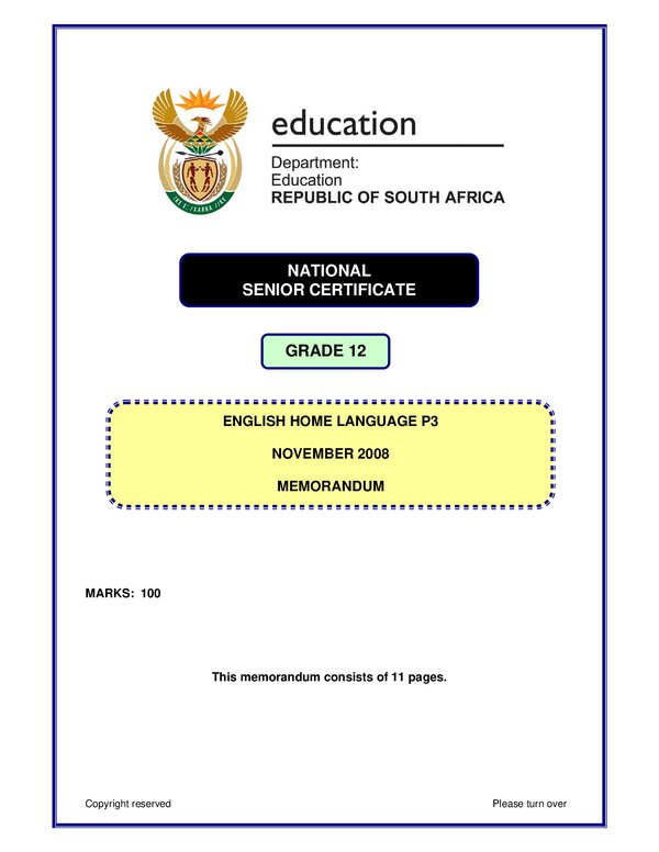 Grade 12 English past paper 2008 – English HL P3 memo gr12
