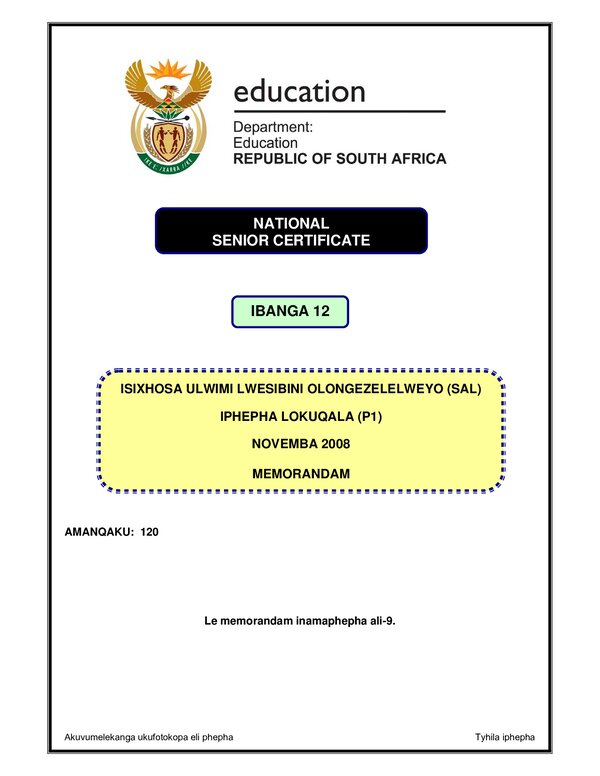 Isxhosa Sal P1 (Gauteng) Memo Gr12