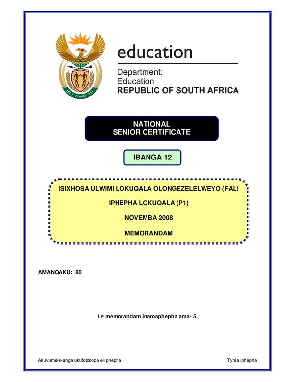 Isxhosa Fal P1 Memo Gr12