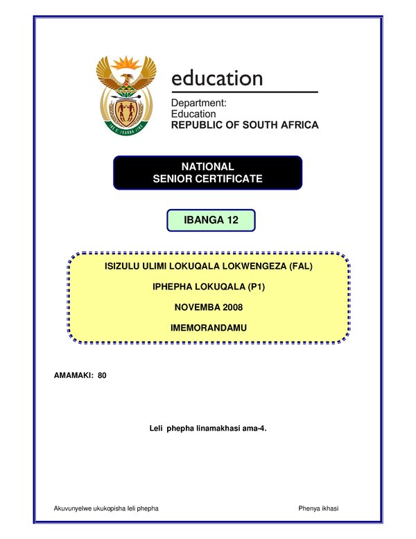 Grade 12 isiZulu past paper 2008 – IsiZulu FAL P1 memo gr12