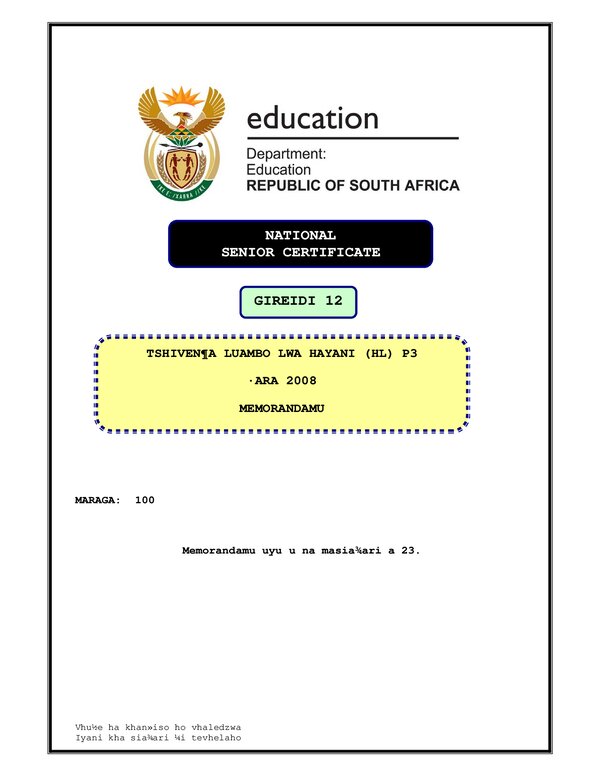 Grade 12 Tshivenda past paper 2008 – TshiVenda HL P3 memo gr12
