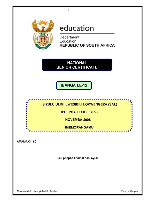 Grade 12 isiZulu past paper 2008 – IsiZulu SAL P2 memo gr12