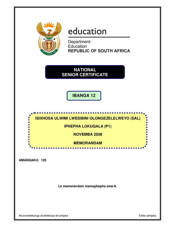 Isxhosa Sal P1 (Eastern Cape) Memo Gr12