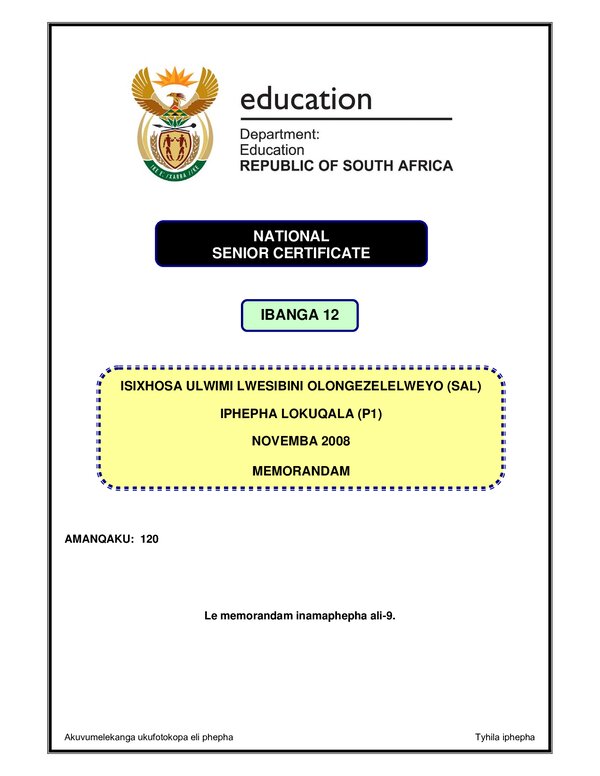 Isxhosa Sal P1 (Western Cape) Memo Gr12